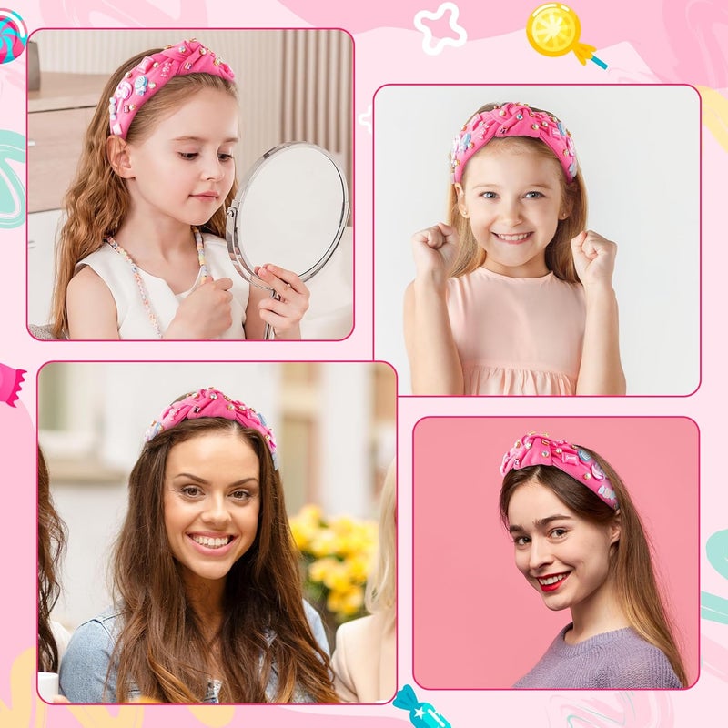 PANTIDE Candy Jeweled Knotted Headband - Christmas Sugar Lollipop Rhinestone Crystal Embellished Preppy Headband Wide Top Knot Fashion Hair Accessories Candyland Birthday Gift for Women Girls (Pink) - Image 4